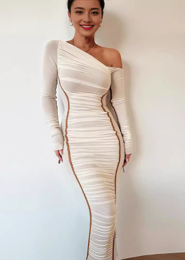 One Shoulder Long Sleeve Ruched Contrast Piping Bodycon Midi Dress