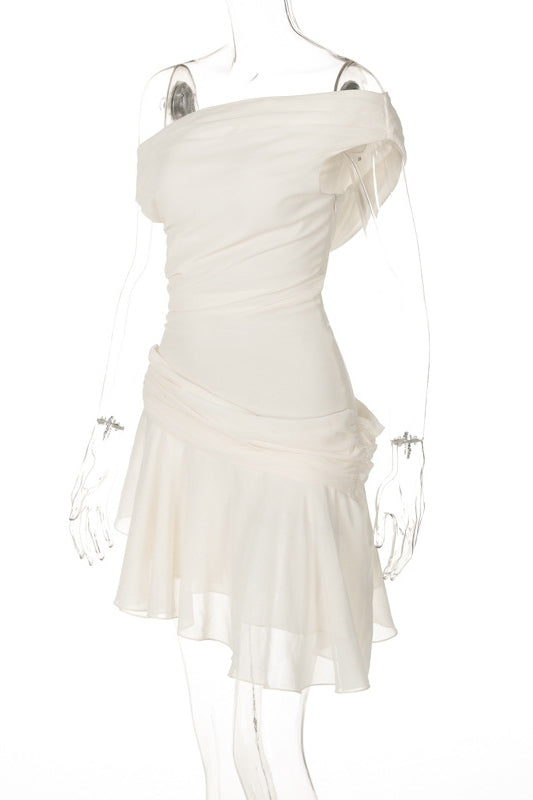 One Shoulder Ruched Draped Chiffon Tiered Asymmetrical Hem Mini Dress