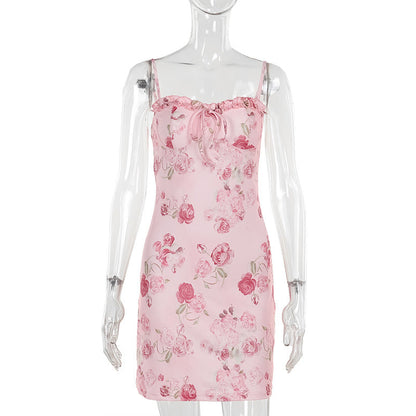 Rose Print Suspenders Casual Dress