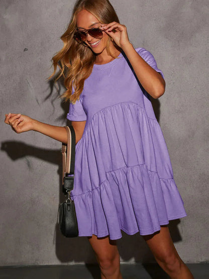Cute Short Sleeve Lilac Tiered Mini Dress