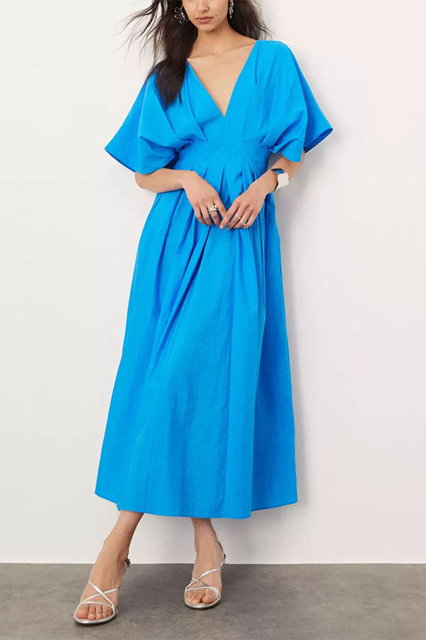 Antibes Linen Blend Princess Line Pleated Wide Puff Sleeve Midi Dress