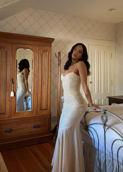 Lace Panel Ruched Sweetheart Spaghetti Strap Mermaid Ruffle Hem Maxi Gown