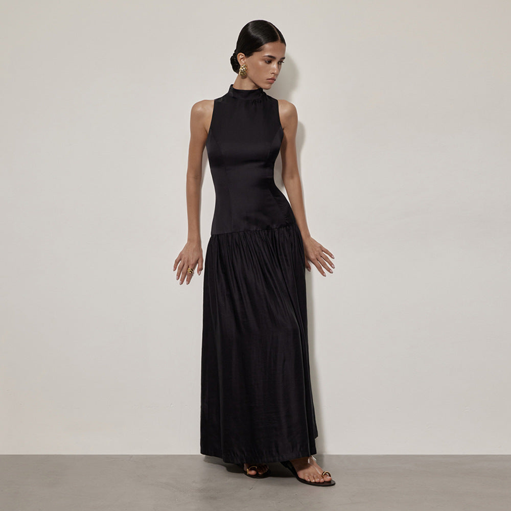 Round Neck Dress Sleeveless Backless Slim Fit Satin Dress