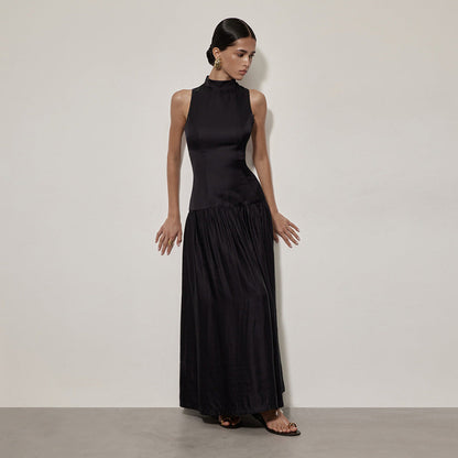 Round Neck Dress Sleeveless Backless Slim Fit Satin Dress
