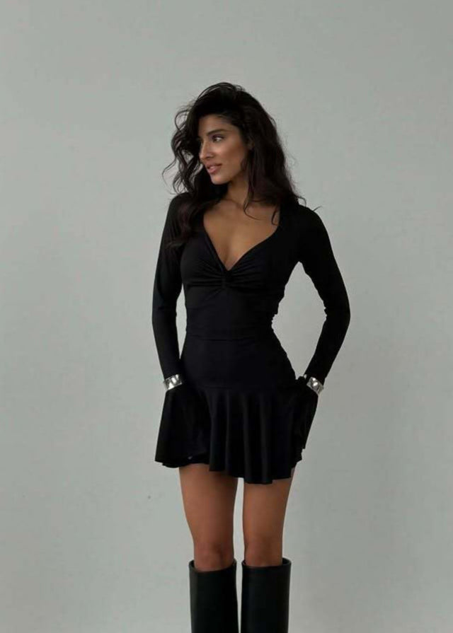 Twist Front Deep V Neck Long Sleeve Ruffle Hem Mini Dress