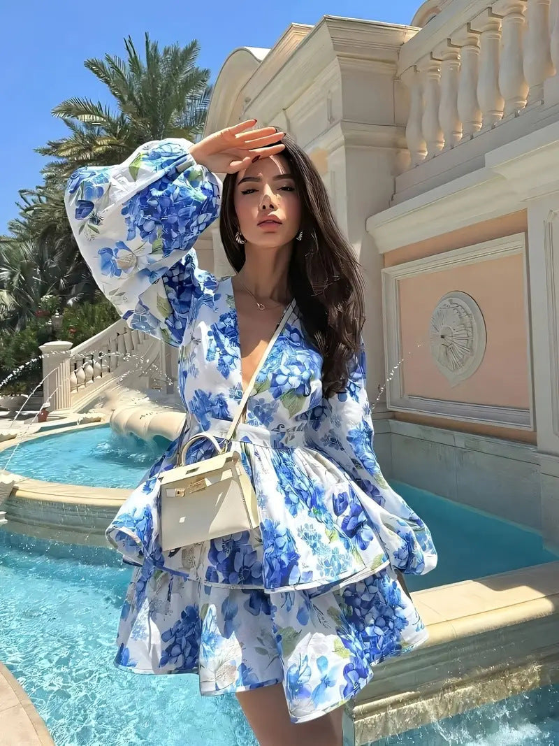 Large Floral Print Deep V-Neck Puff Sleeve Cinched Waist Tiered Ruffle Mini Dress