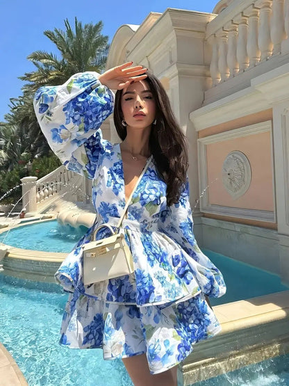 Large Floral Print Deep V-Neck Puff Sleeve Cinched Waist Tiered Ruffle Mini Dress