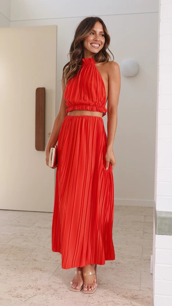 Halter Neck Ruffle Collar Accordion Pleat Open Back Maxi Dress