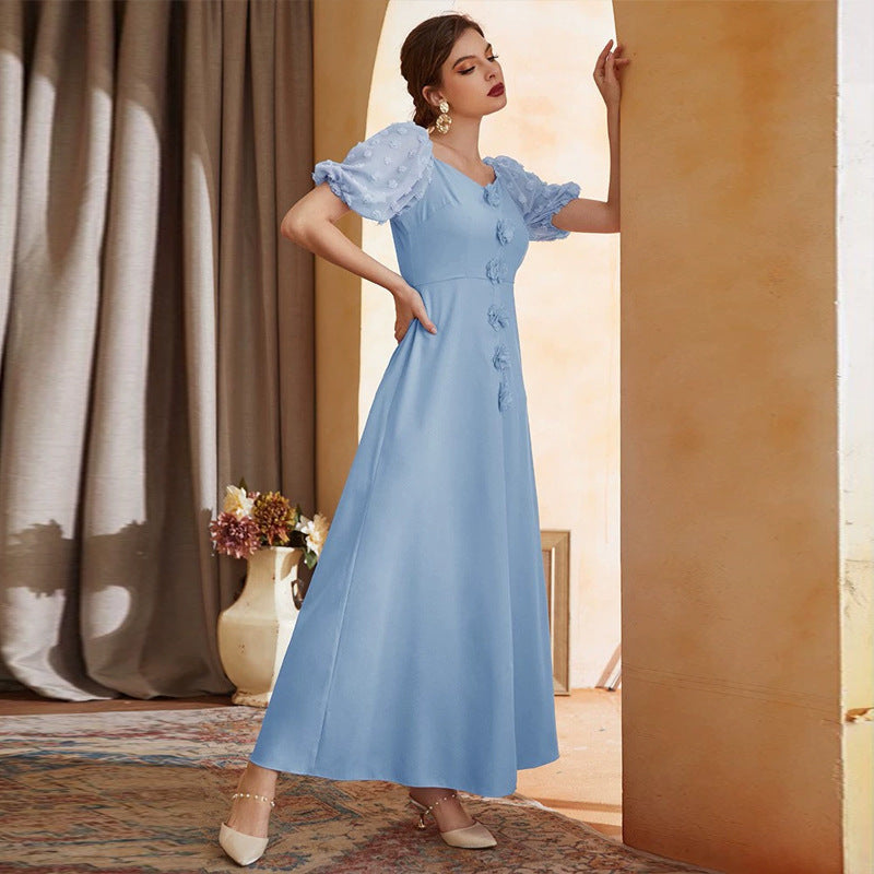 Sweetheart Neck Short Puff Sleeve Floral Applique Swiss Dot Maxi Dress