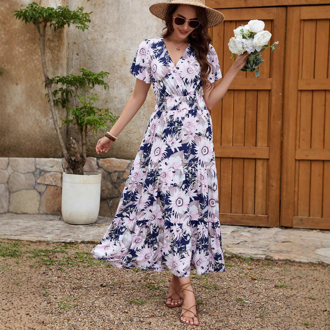 Large Floral Print Wrap V-Neck Smocked Waist Flutter Sleeve Tiered Maxi Dress