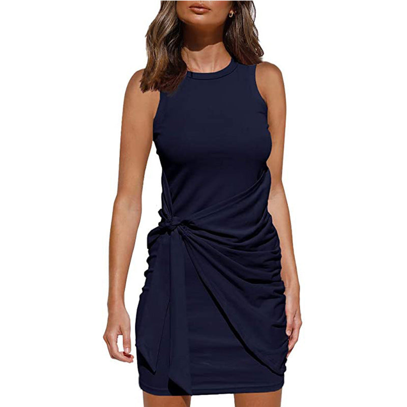 Crew Neck Side-Tie Knot Ruched Tank Bodycon Mini Dress