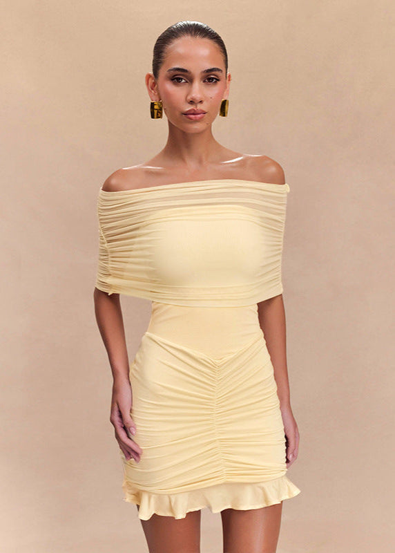Off Shoulder Ruched Mesh Overlay Center Gather Flounce Hem Bodycon Mini Dress