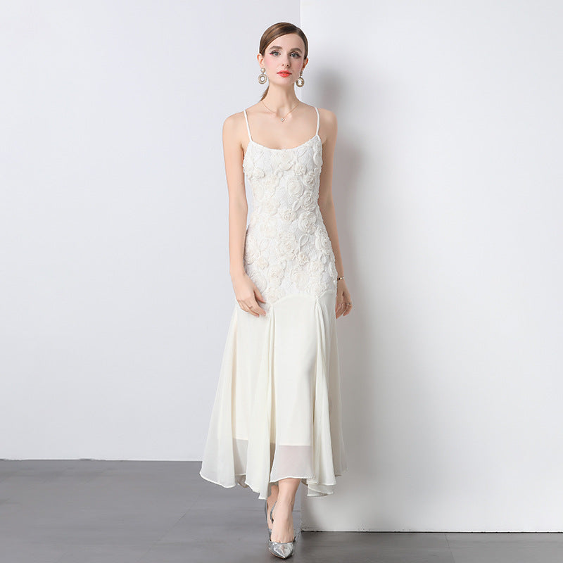 Spaghetti Strap 3D Lace Rosette Pleated Skirt Maxi Gown