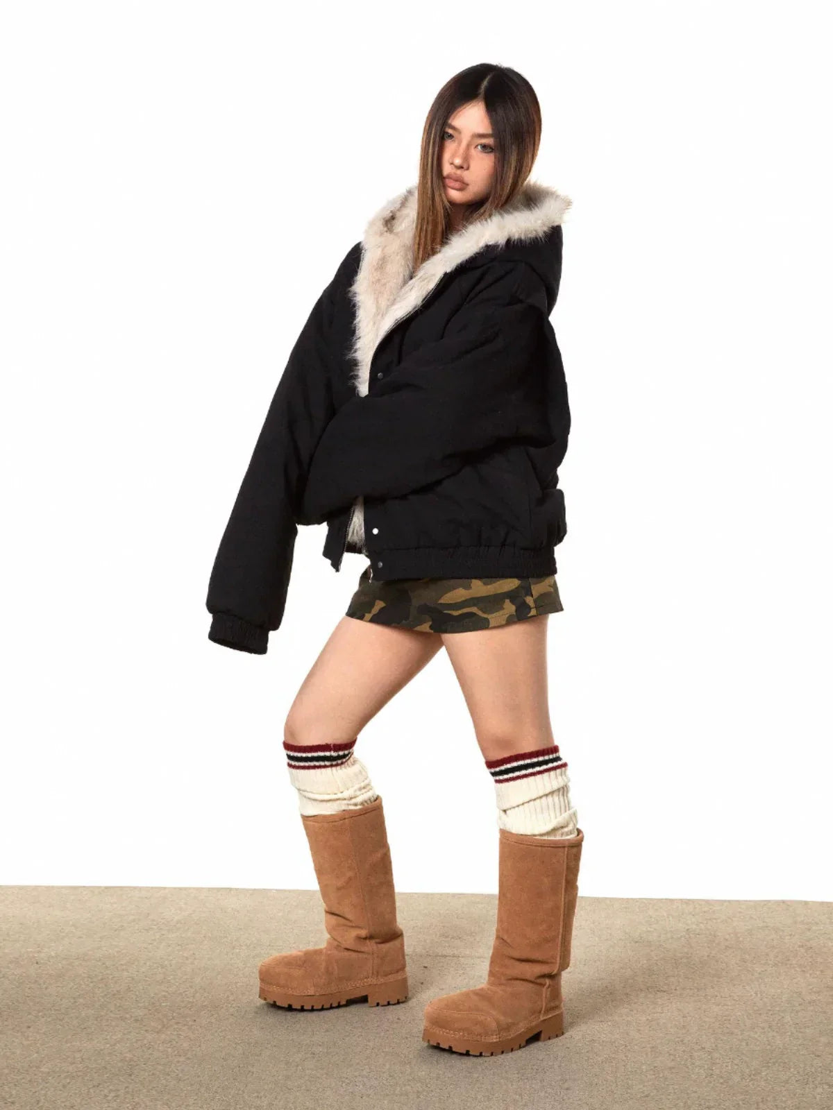 Fur-Lined Oversized Bomber Jacket