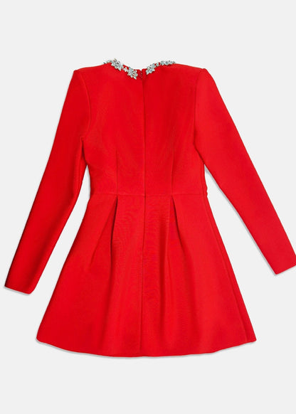 Crystal Floral Embellished Square Neck Velvet Long Sleeve Fit and Flare Mini Dress