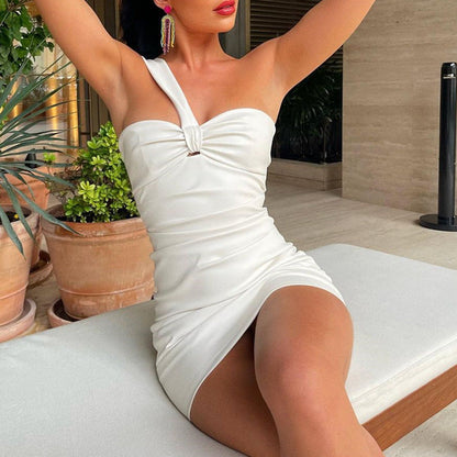 Oblique Shoulder Tube Top Cinched Waist Hip Bag Dress