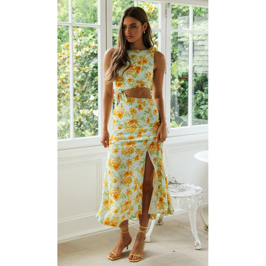 Digital Floral Print Fresh Vestidos Sweet Tie-Neck Sleeveless Estampado Floral Dress