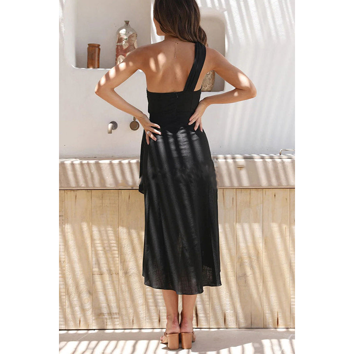 One Shoulder Ruched Tie Waist Tulip Hem Wrap Midi Dress