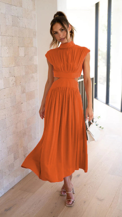 Mock Neck Cap Sleeve Pleated Bodice Waist Cutout Flared Midi Dress