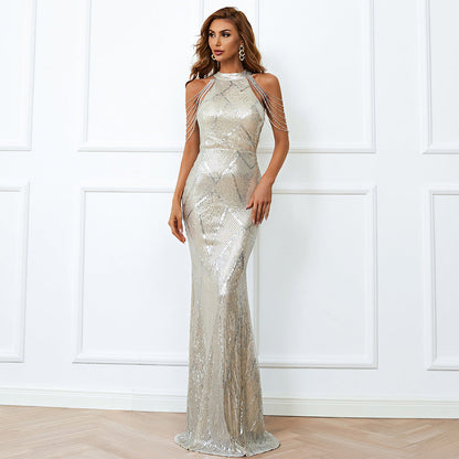 Party Formal Cocktail Toast Dress Banquet Evening Tassel Sequined Host Fishtail Long Slim Dress