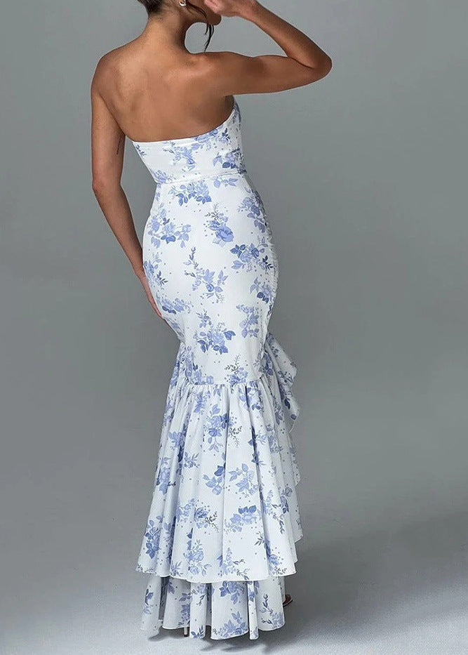 Strapless Fitted Bodice Asymmetric Ruffle High Low Floral Print Maxi Dress