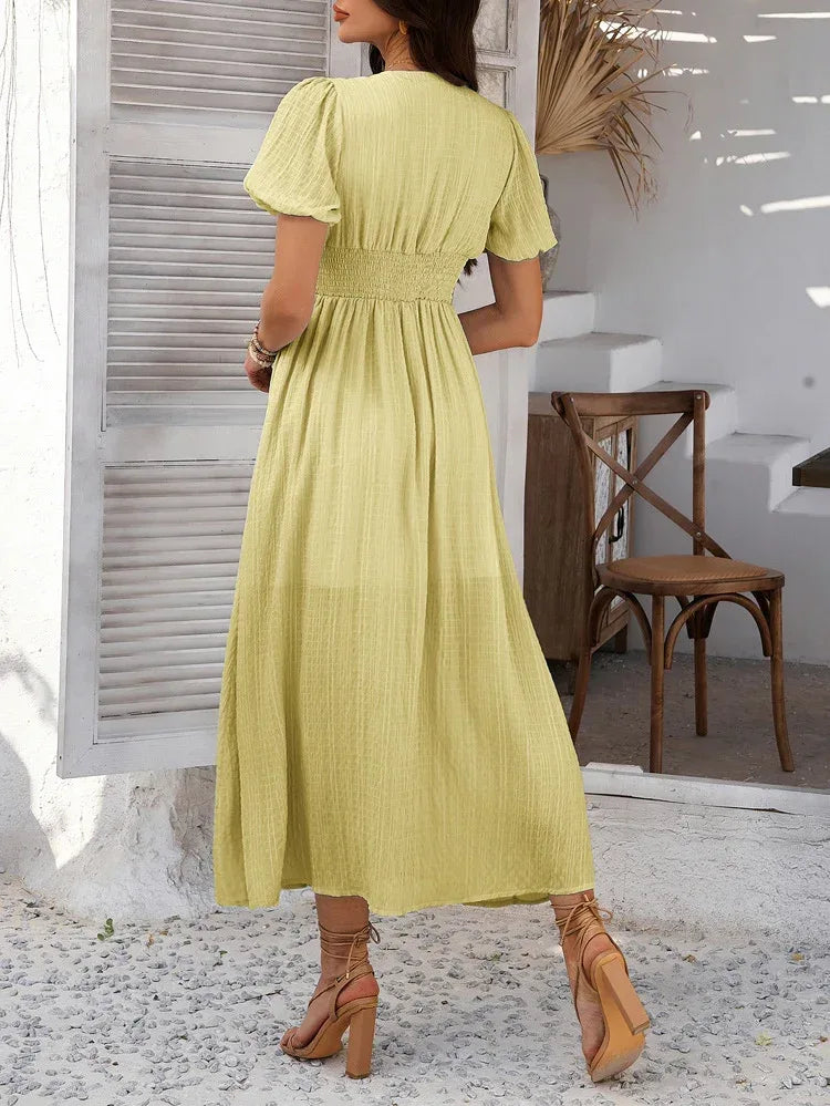 v-neck button-front puff sleeve midi yellow dress