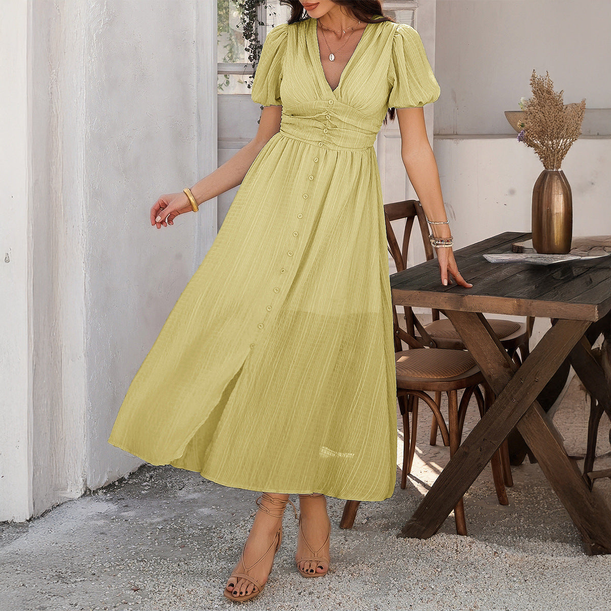 Crinkle Texture V-Neck Puff Sleeve Ruched Button Front High Slit Maxi Dress