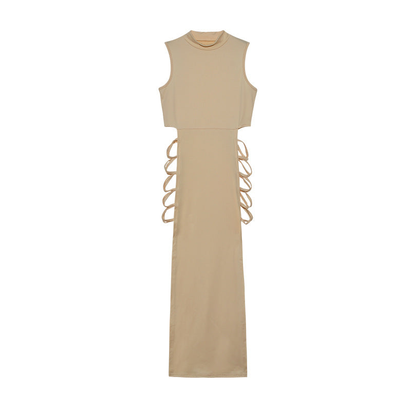 Mock Neck Sleeveless Side Lace-Up Cutout Bodycon Maxi Dress