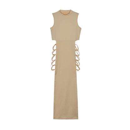 Mock Neck Sleeveless Side Lace-Up Cutout Bodycon Maxi Dress