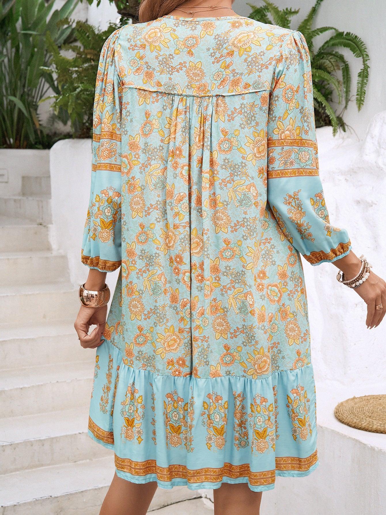 Short Flowy Dress with Tassel Neckline