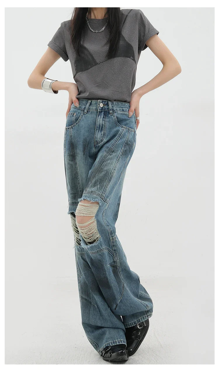 Vintage Distressed And Dirt-Dyed Patchwork Wide-Leg Jeans