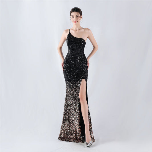Dress Velvet Bottom Gradient Sequin High Fork Oblique Shoulder Evening Dress
