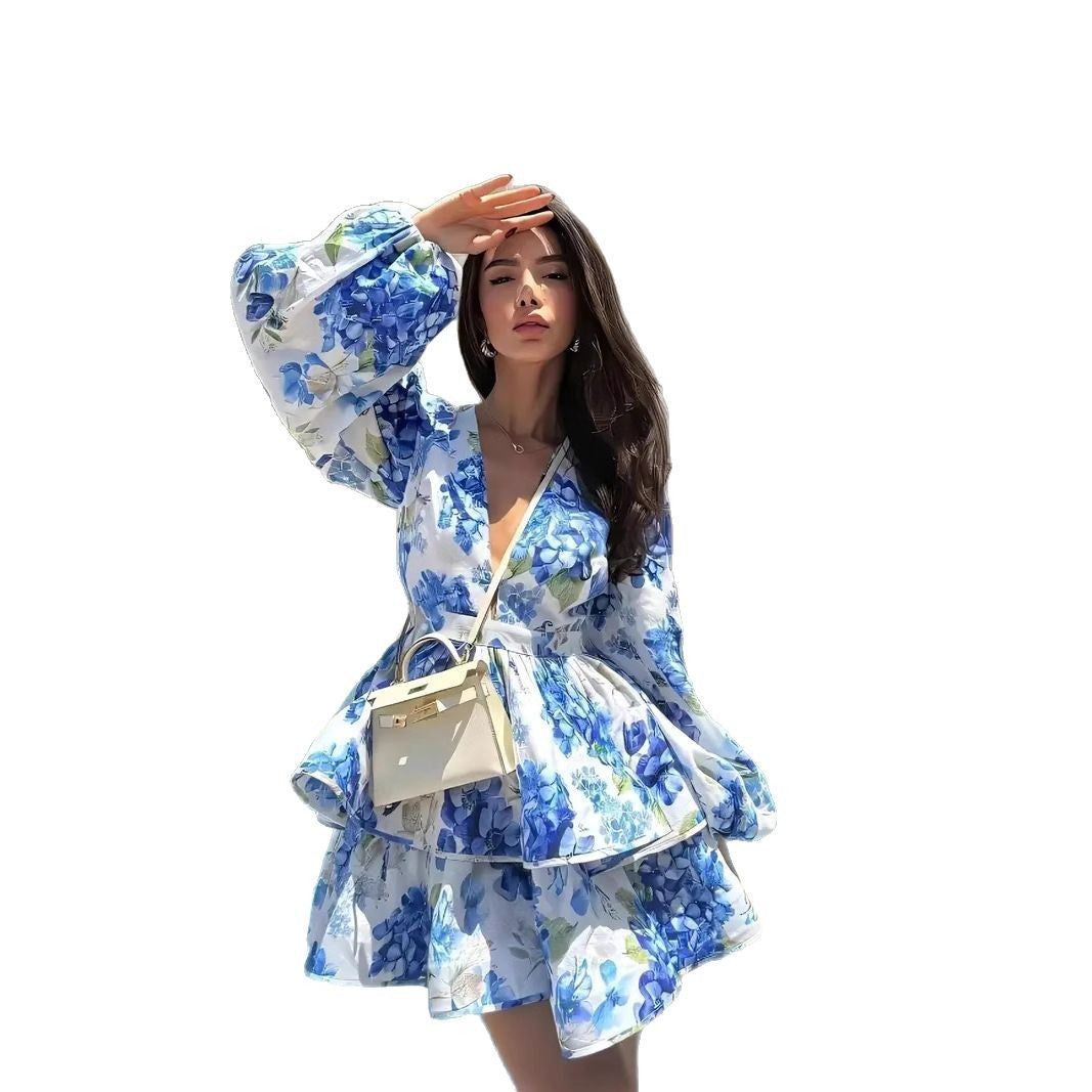 Large Floral Print Deep V-Neck Puff Sleeve Cinched Waist Tiered Ruffle Mini Dress