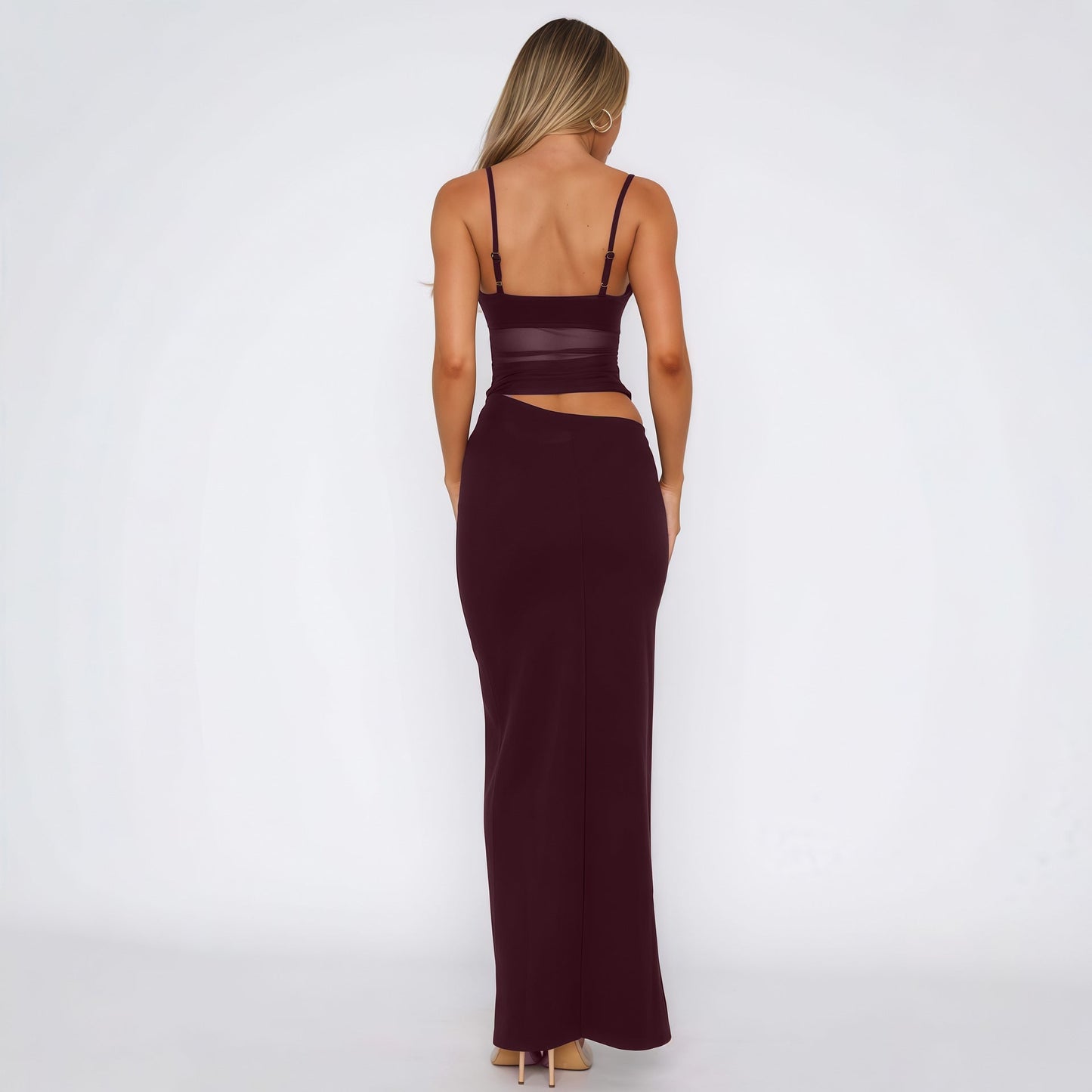 Burgundy mesh backless bodycon maxi dress women