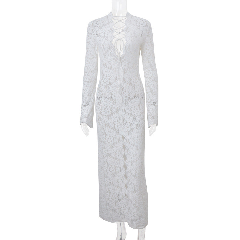 Garcelle Floral Lace Lace-up Long Bell Sleeve Slit Midi Dress