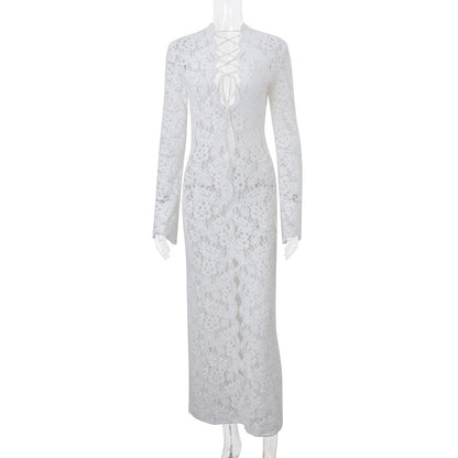 Garcelle Floral Lace Lace-up Long Bell Sleeve Slit Midi Dress