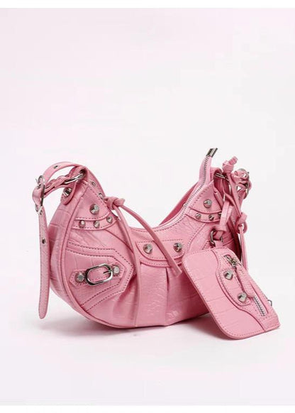 Croc-Embossed Multi-Strap Crescent Bag