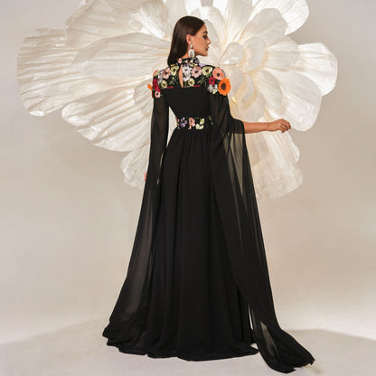 High End Turtleneck Long Cocktail Embroidered Evening Dress Bridesmaid Dress Waist Controlled Large Hem