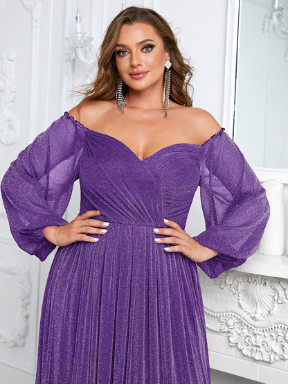 plus Size off Shoulder Long Sleeve Dress Solid Color Simple Dress Cocktail Evening Gown for