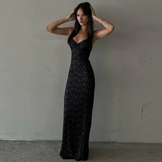 Black deep v lace long bodycon dress