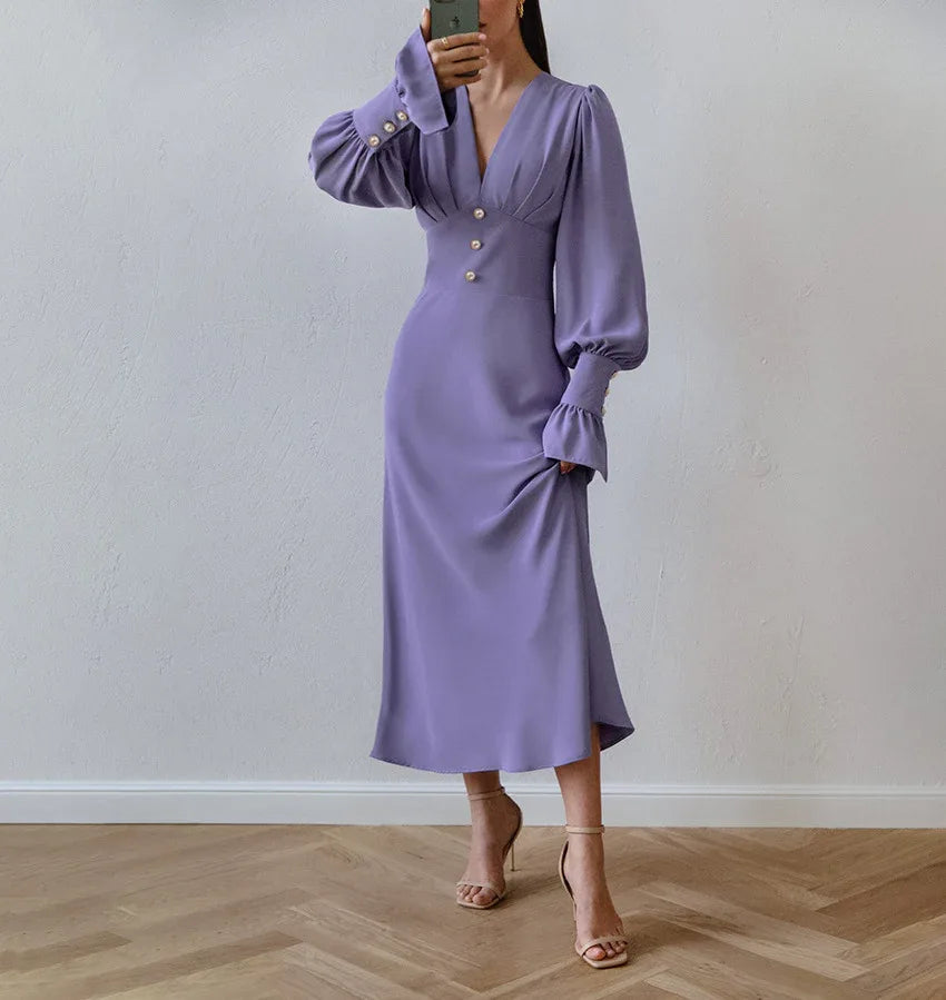 French-style lantern sleeve midi dress