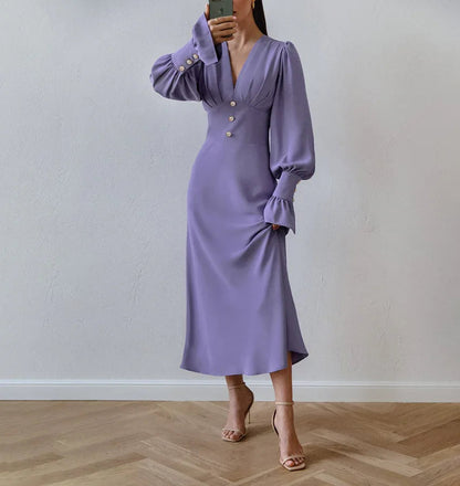 French-style lantern sleeve midi dress