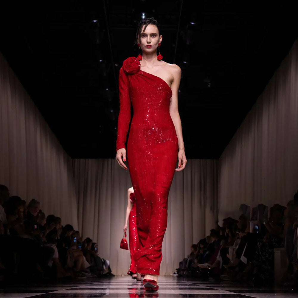 Christmas Red Three-Dimensional One Shoulder Floral Sequin Formal Dress Stretch Dress Winter