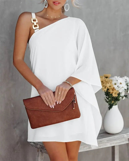 Ombre Stripe One-Shoulder Chain Strap Butterfly Cape Sleeve Mini Dress