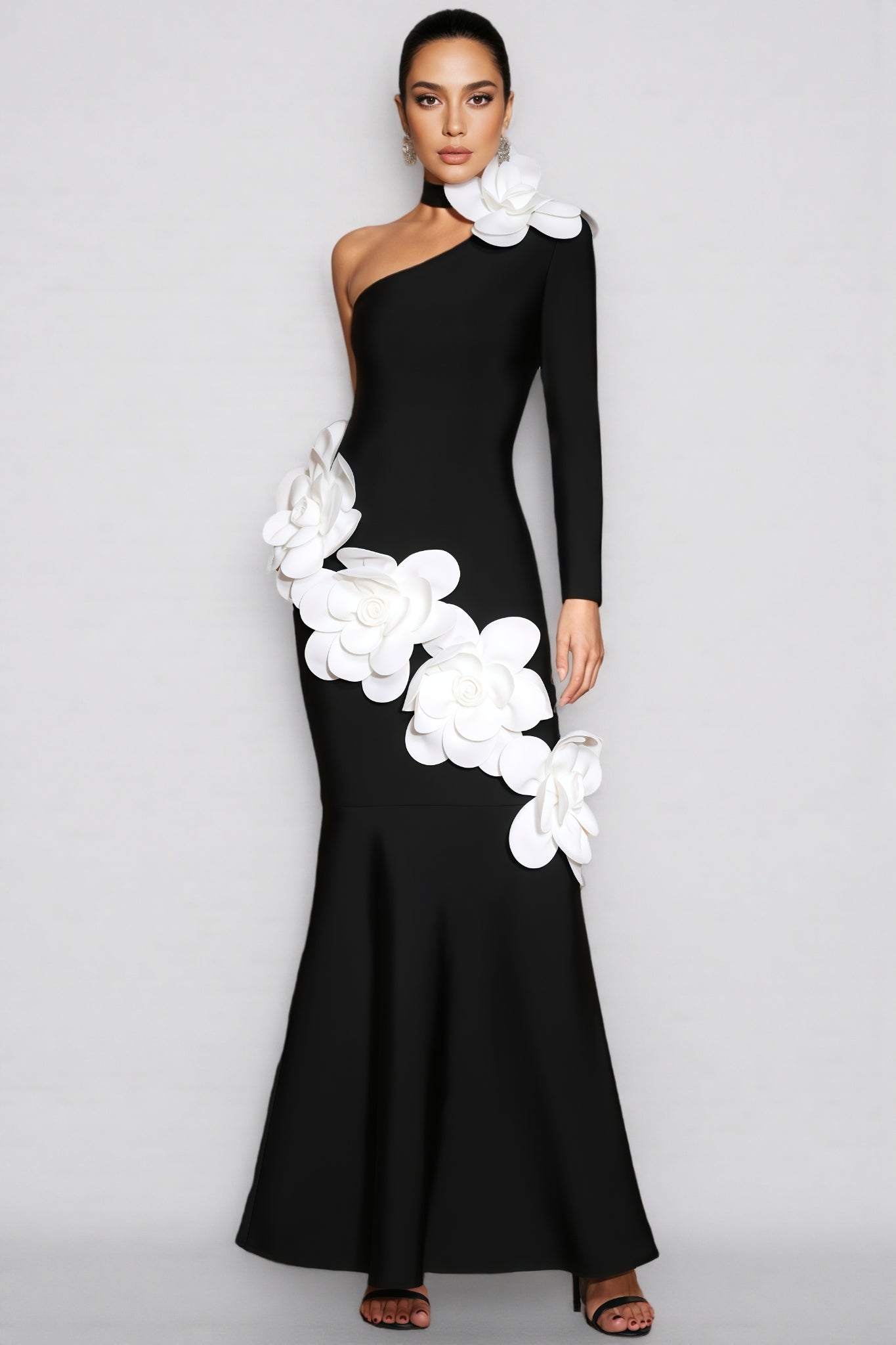 Zellk One Shoulder 3D Floral Bandage Maxi Dress