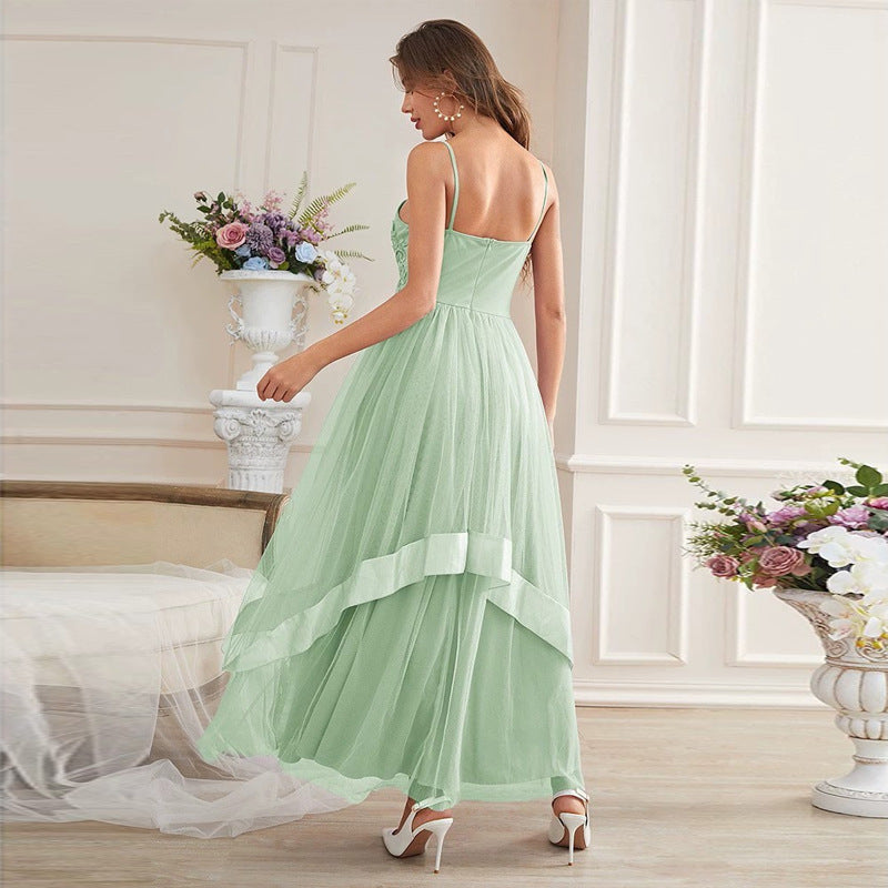 V Neck Spaghetti Strap Floral Lace Applique Tulle Tiered Asymmetrical Maxi Gown