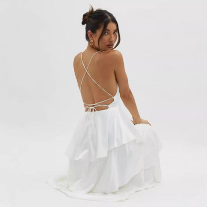 Halter Plunge V-Neck Tiered Ruffle Lace-Up Back Maxi Dress