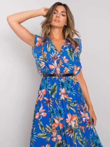Large Floral Print Surplice V-Neck Ruffle Shoulder Pleated Belted Midi Dress
