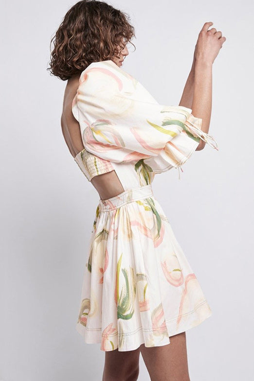 Round Neck Puff Sleeve Ruched Waistband Abstract Floral Print Mini Dress