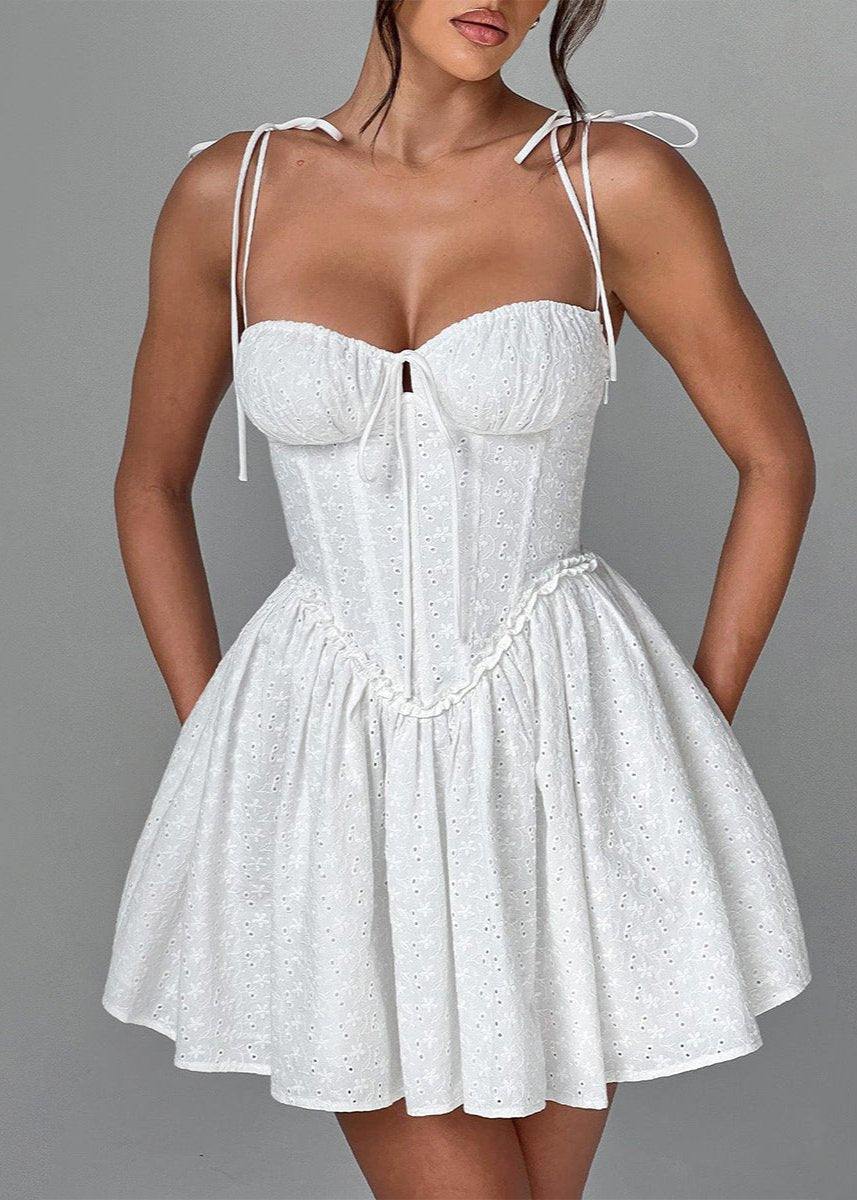 Eyelet Lace Corset Bustier Tie Strap Basque Waist Fit and Flare Mini Dress